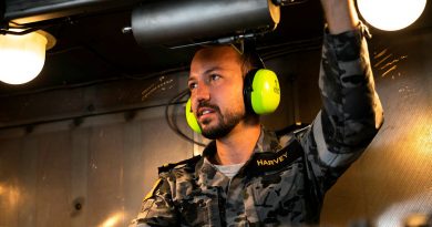 Assistant Marine Engineering Officer, Sub Lieutenant Jackson Harvey conducts maintenance checks on the gas turbine on-board HMAS Warramunga while on deployment. Story by Lieutenant Max Logan. Photo by Leading Seaman Daniel Goodman.