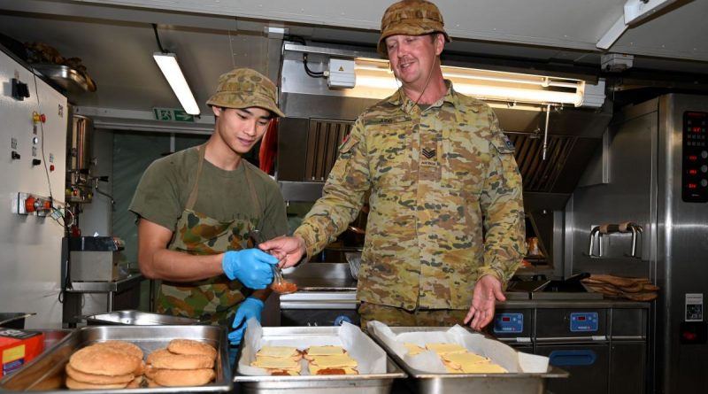 Sergeant Nathan Judd, right, with caterer Private Sam O’Brien in the deployable catering capability during the Army Aboriginal Community Assistance Program in Gapuwiyak, Northern Territory. Story by Captain Annie Richardson. Photo by Warrant Officer Class Two Kim Allen.