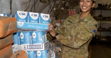 Private Maria Aniceto re-stocks catering supplies in the deployable catering capability at Camp Birt during the Army Aboriginal Community Assistance Program in Gapuwiyak, Northern Territory. Story by Captain Annie Richardson. Photo by Warrant Officer Class Two Kim Allen.