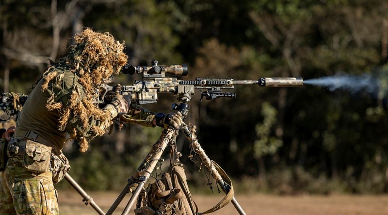 An Army riflemen from 6th Battalion, The Royal Australian Regiment, fires the Blazer Sniper Rifle during the live-fire phase of the Basic Sniper Course at Greenbank Training Area, Queensland. Story by Captain Cody Tsaousis. Photo by Sig Christopher Kingston.