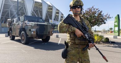 Army Reservist Private Abbas Foladi, from the 25/49 Battalion, Royal Queensland Regiment, patrols the grounds of the Queensland Country Bank Stadium as part of Exercise Austral Shield 2022 in Townsville. Story by Lieutenant Geoff Long. Photo by Corporal Jonathan Goedhart.