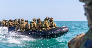 Soldiers from 5th Battalion, Royal Australian Regiment, on board F470 Zodiacs conducting small-boat training in the littoral environment during Exercise Tiger's Run 2022 on the Timor Sea. Story by Captain Peter March. Photo by Corporal Rodrigo Villablanca.