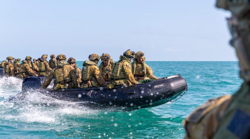 Soldiers from 5th Battalion, Royal Australian Regiment, on board F470 Zodiacs conducting small-boat training in the littoral environment during Exercise Tiger's Run 2022 on the Timor Sea. Story by Captain Peter March. Photo by Corporal Rodrigo Villablanca.