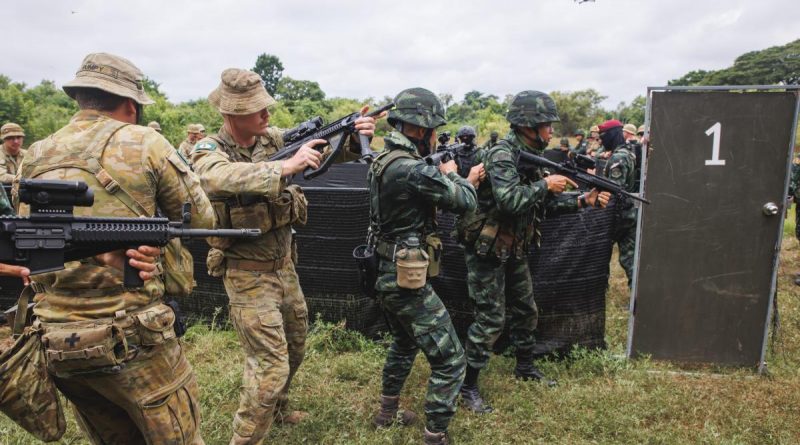 Australian Army soldiers from Rifle Company Butterworth 136, together with members of the Royal Thai Army, practice close quarter battle drills during Exercise Chapel Gold 2022 in Nakhon Sawan, Thailand. Story and photo by Corporal Cameron Pegg