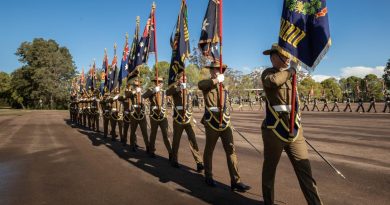 Royal Australian Infantry Corps parade their battalion colours during a ceremony held at the School of Infantry in Singleton to celebrate Queen’s Platinum Jubilee. Story by Corporal Jacob Joseph. Photo by Corporal Madhur Chitnis.