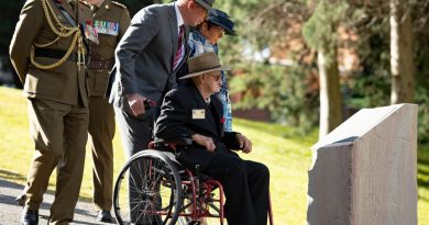 Governor-General General (retd) David Hurley, Mrs Linda Hurley and Major General Michael Krause assist Kokoda campaign veteran George Turner at the opening of the Kokoda Memorial Track. Story and photo by Major Roger Brennan.