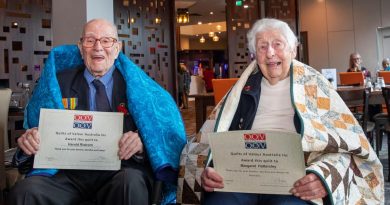 WW2 veterans Harold “Hiram” Ristrom and Margaret Hattersley receive handmade quilts from the Quilts of Valour Foundation during a lunch held at the Bentleigh RSL, Victoria. Story by Corporal Melina Young. Photo by Leading Seaman James McDougall.