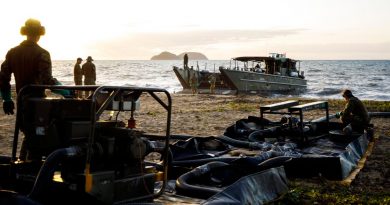 Petroleum Operators from the 17th Sustainment Brigade pump fuel from an LCM8 to land Cowley Beach Training Area in Queensland. Story and photo by Captain Thomas Kaye.