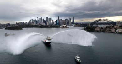 Pacific support vessel Reliant conducts a water display in front of Sydney Harbour Bridge after a formation entry into Sydney Harbour with MV Mercator, and Multi-role Aviation Training Vessel MV Sycamore. Story by Commander Mark Massie. Photos by Able Seaman Susan Mossop.