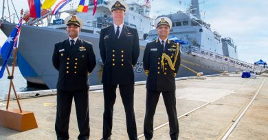 Commanding Officer INS Sumedha Commander Phaneendra, left, Commanding Officer HMAS Stirling Captain Gary Lawton and Indian Defence Advisor Captain Akhilesh Menon in front of INS Sumedha during its visit to Fremantle. Story by Lieutenant Carolyn Martin. Photo by Petty Officer Richard Cordell.