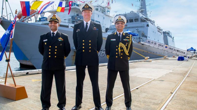 Commanding Officer INS Sumedha Commander Phaneendra, left, Commanding Officer HMAS Stirling Captain Gary Lawton and Indian Defence Advisor Captain Akhilesh Menon in front of INS Sumedha during its visit to Fremantle. Story by Lieutenant Carolyn Martin. Photo by Petty Officer Richard Cordell.
