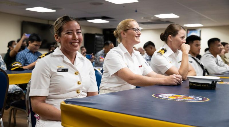 Royal Australian Navy Gender, Peace and Security Adviser Lieutenant Vicky Nguyen, left, during the Pacific Partnership 2022 closing ceremony in Palawan, Philippines. Story by Captain Sarah Kelly. Photo by Corporal Brandon Grey.