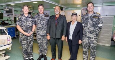 Commander Patricia Kemp, Lieutenant Commander Wesley Truscott, President of Nauru Lionel Aingimea, Dr Helen Cheney and Commanding Officer HMAS Canberra Captain Jace Hutchison on board Canberra. Story by Lieutenant Nancy Cotton. Photo by Leading Seaman Matthew Lyall.