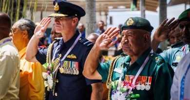 The Chief of Air Force, Air Marshal Robert Chipman (left), and PNG's Chief of Defence Force, Major General Mark Goina, at the service to commemorate the 50th anniversary of the Air Force Caribou A4-233 crash in Port Moresby. Story by Wing Commander Ivan Benitez-Aguirre. Photo by Corporal Cameron Pegg.