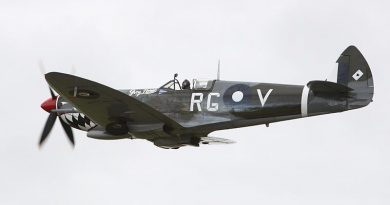 A Mk VIII Spitfire, sporting the 'Grey Nurse' moniker used by 'Bobby' Gibbes, flying at the Australian International Airshow at Avalon, Victoria (2011). This aircraft is now part of the RAAF's No. 100 Squadron, also known as the Air Force Heritage Squadron. Photo by Brian Hartigan.