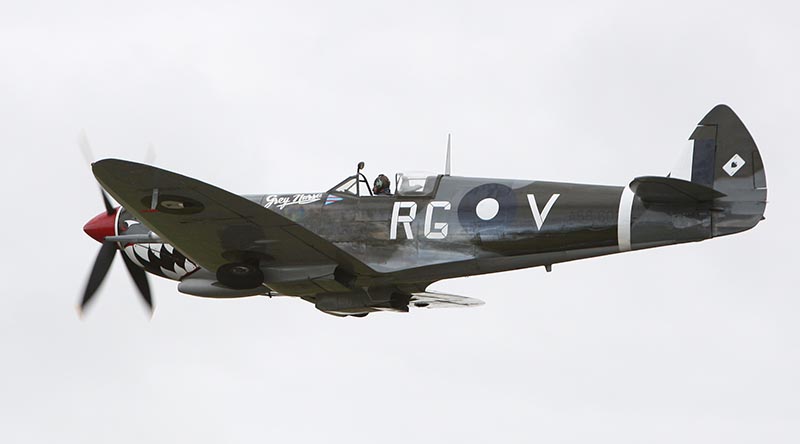 A Mk VIII Spitfire, sporting the 'Grey Nurse' moniker used by 'Bobby' Gibbes, flying at the Australian International Airshow at Avalon, Victoria (2011). This aircraft is now part of the RAAF's No. 100 Squadron, also known as the Air Force Heritage Squadron. Photo by Brian Hartigan.