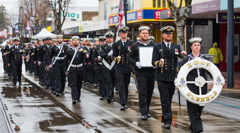 Sailors from HMAS Glenelg and Royal Australian Navy Band South Australia march along Jetty Road during the Freedom of Entry parade in Glenelg. Story by Lieutenant Gary McHugh. Photos by Leading Aircraftman Sam Price.