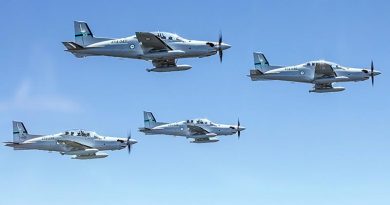 PC-21 aircraft from No. 4 Squadron conduct formation flying in the airspace near RAAF Base Williatown, New South Wales. Photo by Leading Aircraftwoman Catherine Kelly.