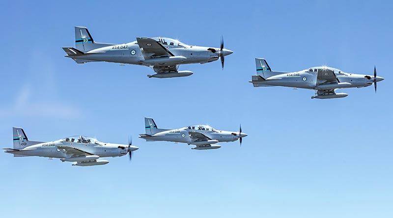 PC-21 aircraft from No. 4 Squadron conduct formation flying in the airspace near RAAF Base Williatown, New South Wales. Photo by Leading Aircraftwoman Catherine Kelly.