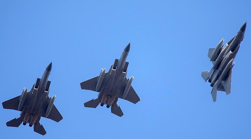 United States Air Force F-15C Eagles from Kadena Air Force Base in Japan arrive in Darwin for Exercise Pitch Black 22. Photo by Sergeant Pete Gammie.