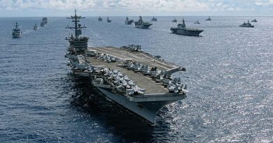 US Navy aircraft carrier USS Abraham Lincoln leads a fleet of multi-national ships in formation during Exercise Rim of the Pacific (RIMPAC) 2022. Photo by Corporal Djalma Vuong-De Ramos.