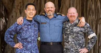 Japan Maritime Self-Defense Force Rear Admiral Toshiyuki Hirata, left, Royal Canadian Navy Rear Admiral Christopher Robinson and Royal Australian Navy Commodore Paul O’Grady. Story and photo by Leading Seaman Kylie Jagiello.