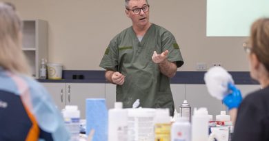 Major Paul Krohn teaching clinicians how to make silicone wound prosthetics. Story by Captain Thomas Kaye.