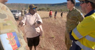 Bradshaw traditional owner Lorraine Jones speaks with Deputy Director of SA/NT Training Area Management Lieutenant Colonel Adam Boyd and contracted caretaker of Bradshaw field training area Tim Zerna.