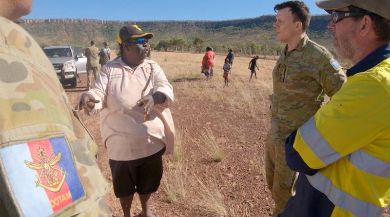 Bradshaw traditional owner Lorraine Jones speaks with Deputy Director of SA/NT Training Area Management Lieutenant Colonel Adam Boyd and contracted caretaker of Bradshaw field training area Tim Zerna.