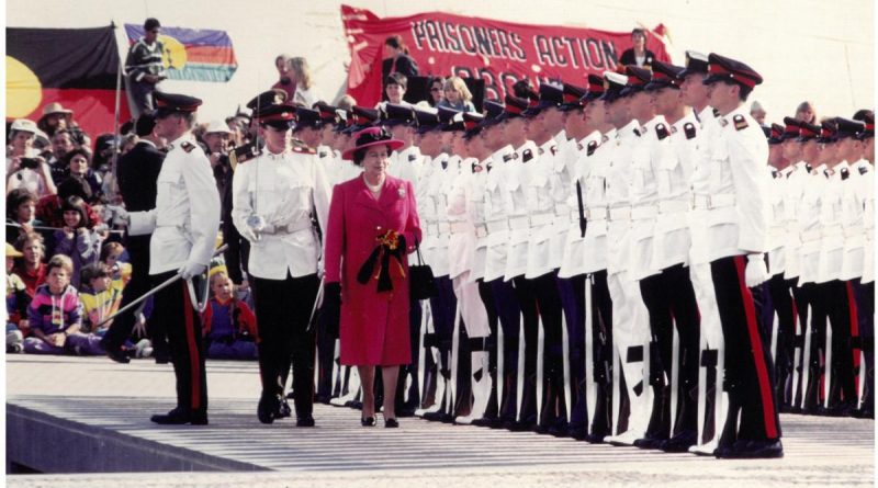Australian Defence Force Academy midshipmen and officer cadets make up the Guard for the opening of Parliament House on May 9, 1988. Captain Jayne Craig’s white uniform reflects the Queen's pink outfit. Story by Sub-Lieutenant Tahlia Merigan.