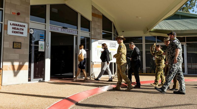 Commander of the 3rd Brigade Brigadier Kahlil Fegan escorts Royal Commissioners' Mr Nick Kaldas to the Lavarack Health Centre during his visit to the 3rd Brigade at Lavarack Barracks, Queensland. Photo by Corporal Brodie Cross.