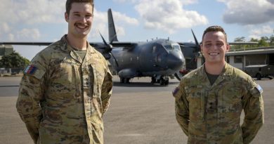 Lieutenant's Fraser Campbell, left, and William Samios on the flight line at Air Transport Wing, during Operation Kimba, Papua New Guinea. Story by Major Martin Hadley. Photo by Sergeant Kirk Peacock.