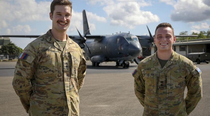 Lieutenant's Fraser Campbell, left, and William Samios on the flight line at Air Transport Wing, during Operation Kimba, Papua New Guinea. Story by Major Martin Hadley. Photo by Sergeant Kirk Peacock.