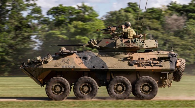 Soldiers from 2nd/14th Light Horse Regiment (Queensland Mounted Infantry) mounted in an Australian Light Armoured Vehicle conduct integration training with US Marines. Story by Captain Cody Tsaousis. Photo by Corporal Nicole Dorrett