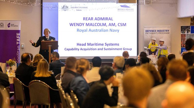 Head Maritime Systems Rear Admiral Wendy Malcolm speaks to graduates and guests at the graduation ceremony of the Defence Industry Pathways Program at the South Metropolitan TAFE, Western Australia. Story by Phillip Morton. Photo by Chief Petty Officer Yuri Ramsey.