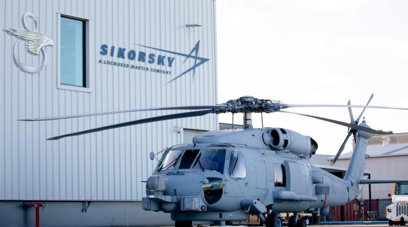 A Royal Australian Navy MH-60R helicopter at Sikorsky Australia in Nowra, NSW. Story by Elyssa Comer. Photo by Leading Seaman Ryan Tascas.