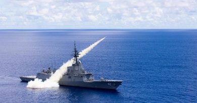 Hobart-class guided missile destroyer HMAS Sydney strikes a land target with a Harpoon surface-to-surface missile during Exercise Pacific Vanguard 2022. Story by Lieutenant Carolyn Martin.