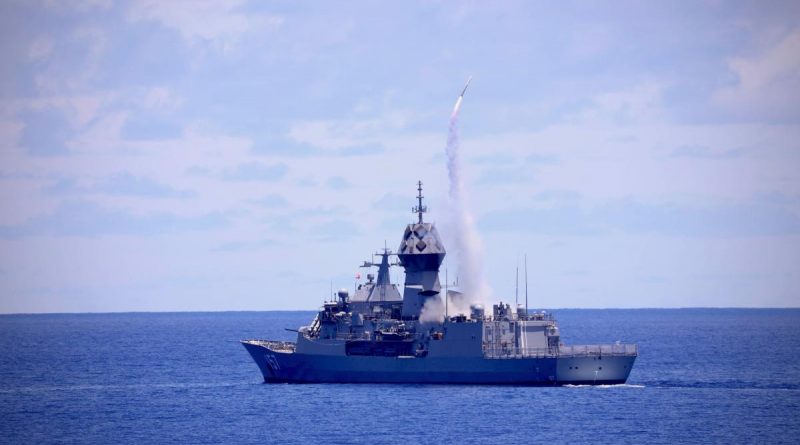 HMAS Perth fires an Evolved Sea Sparrow Missile while operating in the Philippine Sea during Exercise Pacific Vanguard 2022. Story by Lieutenant Eleanor Williams. Photo by US Navy Lieutenant Junior Grade Emilio Mackie.