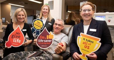 Meg, Sally and Cath from the Red Cross Lifeblood Centre with the Deputy Chief of Navy Rear Admiral Chris Smith as he donates plasma at the launch of the 2022 Defence Blood Challenge. Story by Sub-Lieutenant Tahlia Merigan. Photo by Petty Officer Bradley Darvill.