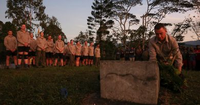 Lieutenant Colonel Leigh Partridge, commanding officer of the 16th Battalion, Royal Western Australia Regiment, lays a wreath during a dawn service commemorating 80 years since the start of the Battle of Brigade Hill, along the Kokoda Track, in Papua New Guinea. Story and photo by Warrant Officer Class Two Max Bree.