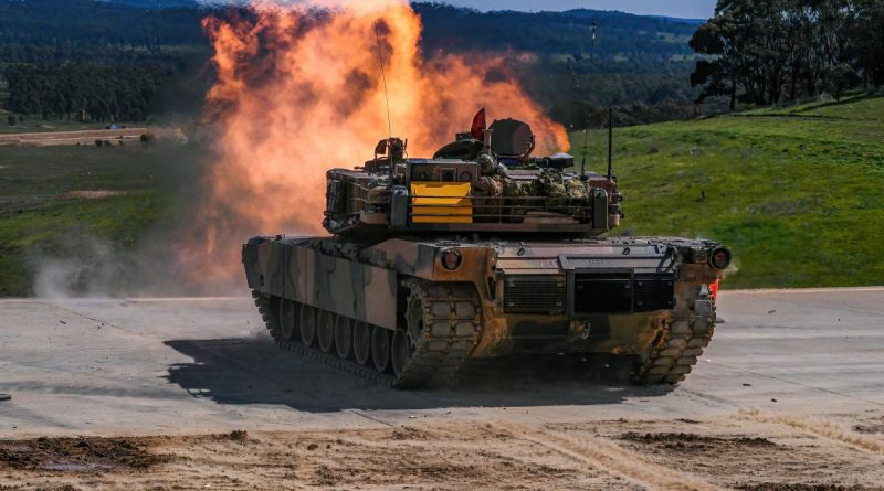 A M1A1 Abrams main battle tank engages a target during the Coral-Balmoral Cup 2022 at the Puckapunyal Military Area, Victoria. Story by Corporal Jacob Joseph. Photo by Private Michael Currie.