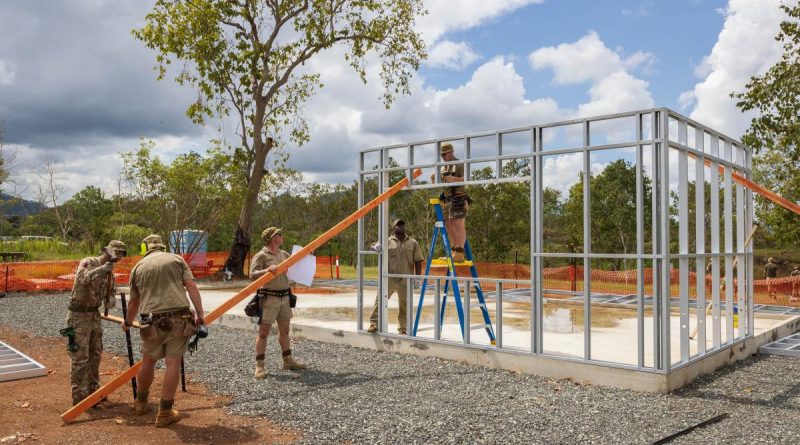 Australian Army, British Army and Papua New Guinea Defence Force sappers work together at a construction site during Exercise Puk Puk at Goldie River Training Depot in Papua New Guinea. Story by Major Jesse Robilliard. Photo by Sergeant Nunu Campos.