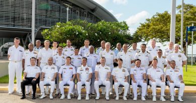 Commander Australian Fleet Rear Admiral Jonathan Earley, centre front, and international dignitaries during Exercise Kakadu 2022 opening ceremony at the Darwin Convention Centre. Story by Lieutenant Brendan Trembath. Photo by Leading Seaman Jarryd Capper.