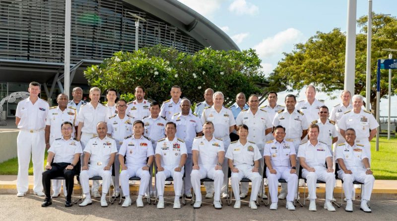 Commander Australian Fleet Rear Admiral Jonathan Earley, centre front, and international dignitaries during Exercise Kakadu 2022 opening ceremony at the Darwin Convention Centre. Story by Lieutenant Brendan Trembath. Photo by Leading Seaman Jarryd Capper.