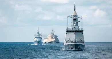 Thai frigate HTMS Bhumibol Adulyadej, Malaysian frigate KD Lekiu and USS Charleston sail in line-astern formation to conduct anti-aircraft firing serials in Darwin for Exercise Kakadu 2022. Story by Lieutenant Commander Mohd Shahril. Photo by Leading Seaman Jarryd Capper.