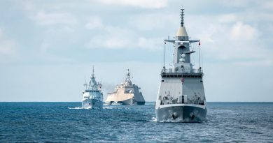 Thai frigate HTMS Bhumibol Adulyadej, Malaysian frigate KD Lekiu and USS Charleston sail in line-astern formation to conduct anti-aircraft firing serials in Darwin for Exercise Kakadu 2022. Story by Lieutenant Commander Mohd Shahril. Photo by Leading Seaman Jarryd Capper.