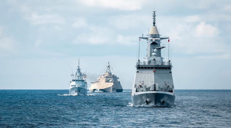 Thai frigate HTMS Bhumibol Adulyadej, Malaysian frigate KD Lekiu and USS Charleston sail in line-astern formation to conduct anti-aircraft firing serials in Darwin for Exercise Kakadu 2022. Story by Lieutenant Commander Mohd Shahril. Photo by Leading Seaman Jarryd Capper.