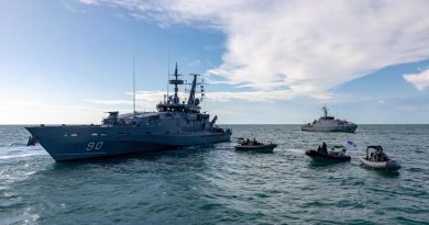 HMAS Broome, left, and Republic of Fiji Navy Ship Savenaca conduct training operation in Darwin during Exercise Kakadu 2022. Story by Lieutenant Commander Andrew Herring. Photo by Leading Seaman Shane Cameron.