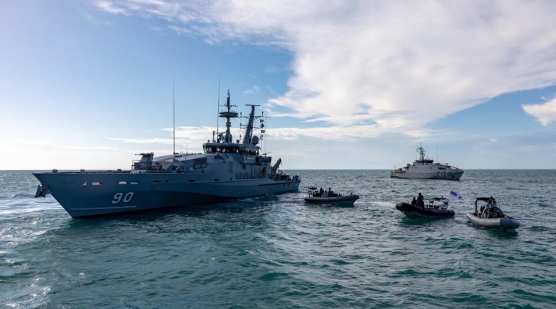 HMAS Broome, left, and Republic of Fiji Navy Ship Savenaca conduct training operation in Darwin during Exercise Kakadu 2022. Story by Lieutenant Commander Andrew Herring. Photo by Leading Seaman Shane Cameron.