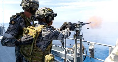 HMAS Perth boatswain’s mates Able Seaman Patrick Kehoe and Seaman Mitchell Milne fire a 12.7mm Browning machine gun while conducting anti-aircraft firing serials. Lieutenant Commander Andrew Herring. Photo by Leading Seaman Jarryd Capper.